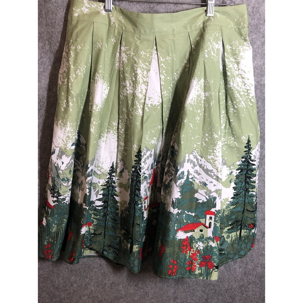 Drindl Skirt Women XL Green Alpine Pleated Midi Cotton Stretch Holiday Christmas